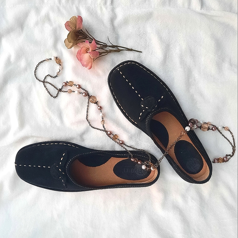 BØRN Suede Slip-On Flats, Rose Buds, Black with Cream Stitching